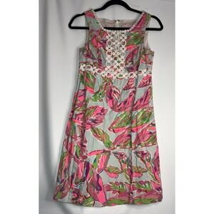 Lily Pulitzer Dress Size 4 100% Cotton Sleeveless Pink White Green Grey Floral